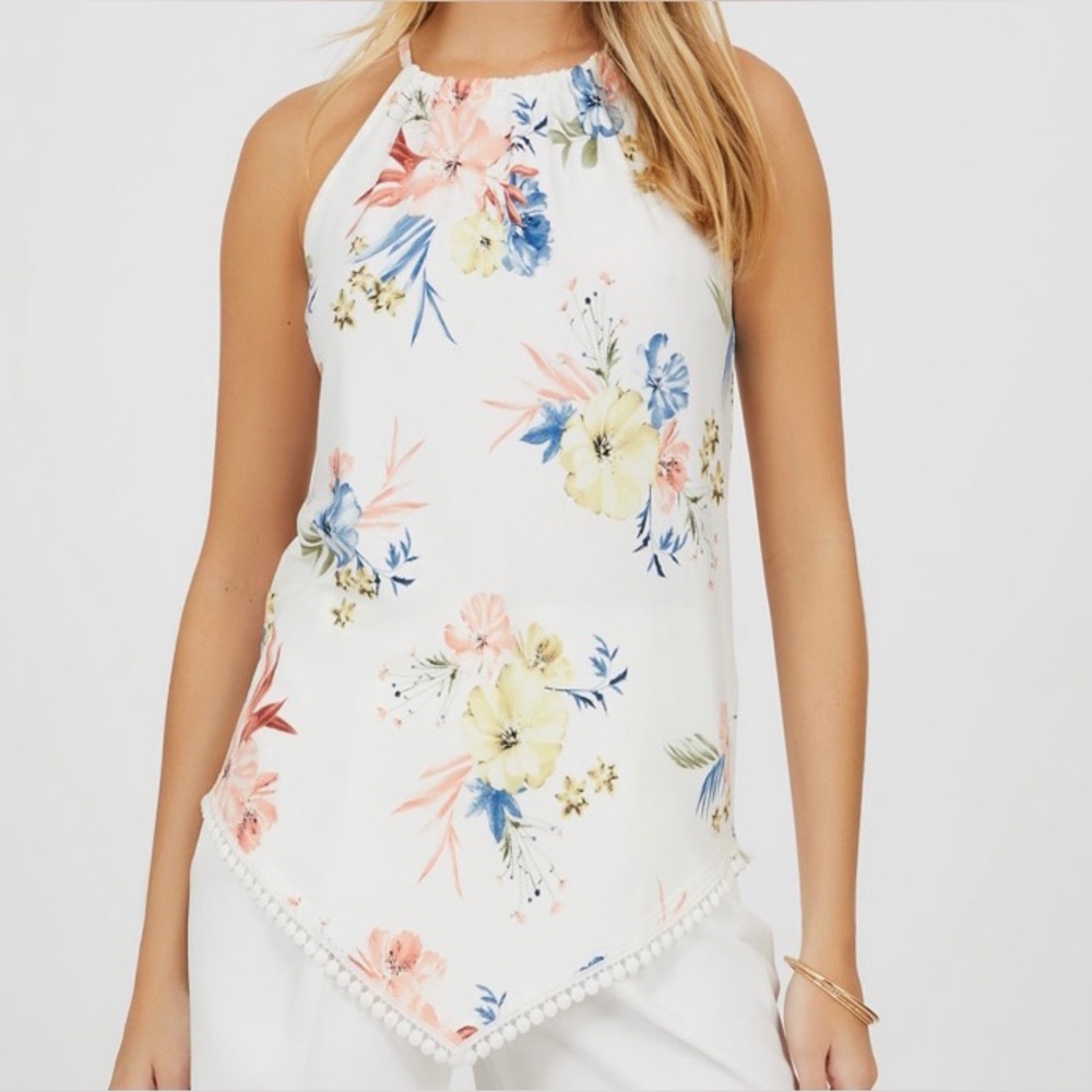 Sleeveless Crochet Trim Tropical Knit Halter Top